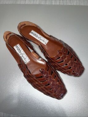 VTG Enzo Angiolini Brown Woven Leather Huarache Fisherman Flats 7.5 Boho 90s
